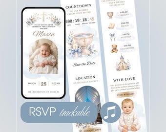 May include: A digital baptism invitation template displayed on a smartphone and two vertical panels. The design features watercolour illustrations of a cross, a baptismal font, a teddy bear, and a church, with text including Mason, March 25, and RSVP trackable.