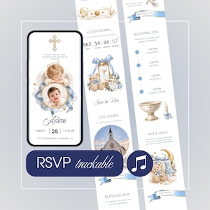 Pode incluir: Um convite digital de batizado exibido em uma tela de smartphone e layout vertical, com foto de bebê, ilustração de anjo, cruz dourada, cronômetro, cronograma, localização da igreja e botão RSVP com ícone de música.