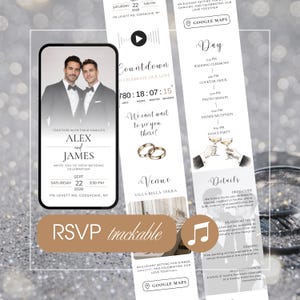 Puede incluir: Una plantilla de invitación de boda digital que muestra una pantalla de teléfono con una foto de dos hombres en esmoquin, junto a paneles verticales con detalles del evento, un temporizador de cuenta regresiva y el horario de Alex y James.