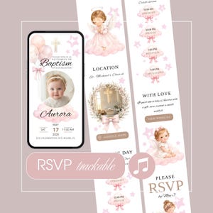 Può includere: Un modello di invito digitale per battesimo su schermo di cellulare con la foto di un bambino, nuvole rosa, stelle e una croce dorata. Il design include dettagli testuali per cerimonia, ricevimento, luogo e RSVP, con tenui toni rosa.