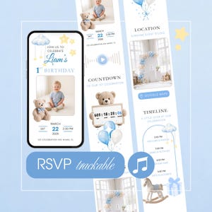 Op de afbeelding: Een digitaal uitnodigingssjabloon voor een eerste verjaardag met een smartphone-display met een foto van een baby en een teddybeer, blauwe en gele sterren, wolkenpictogrammen, een afteltimer, de evenementlocatie en een tijdlijn.