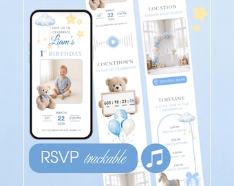 Teddy Bear 1st Birthday Video Invitation Boy | Beary First Birthday Evite | Animated Blue Bear Countdown RSVP | Editable Canva Template