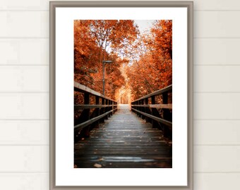 Fall foliage photograph autumn colors print Red leaves Wooden bridge Rustic picture autumn decor large nature print Berlin photo