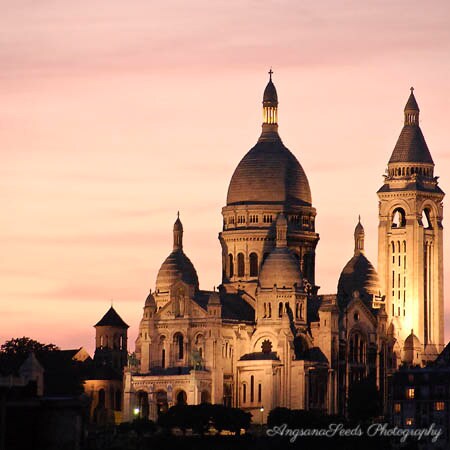 Paris Sunset photo, Sacre Coeur Cathedral, Montmartre, Church, Architecture, Orange, Pink Yellow, Christmas, home decor,  romance