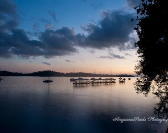 Sunrise photos, ocean pictures, fishing villages, sunrise cloud images, blue, orange, silhouette, tranquil landscape, wall decor