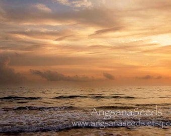 Golden Sea Sunset Photo, Beach, 8"x12" photo, yellow, blue sky, wall decor, Resort, ocean, wave, orange, gift under 50