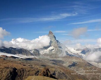 Matterhorn photograph Switzerland travel photo Swiss Alps photo Zermatt travel picture Alpine Snow mountain photo blue sky gift under 50