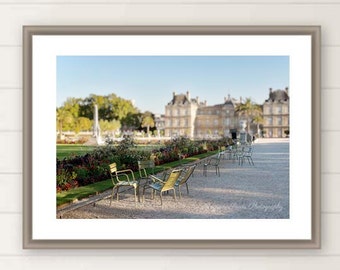 Paris garden photo, paris travel photography, jardin luxembourg, mint green chairs, bedroom decor, oversized large wall art, paris decor