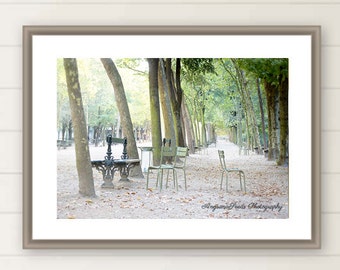 Paris photograph, Jardin du Luxembourg, Luxembourg Garden, trees, benches, mint green, chairs, leaves, light, oversized large wall art, gift