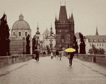 Prague photograph Charles bridge print 8x12 yellow umbrella photo czech republic sepia print castle image prague wall art gift for her