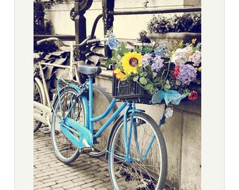 Blue Bicycle basket photo Amsterdam travel photo soft pastel vintage country chic 8x12 picture summer flowers yellow Holland gift under 50