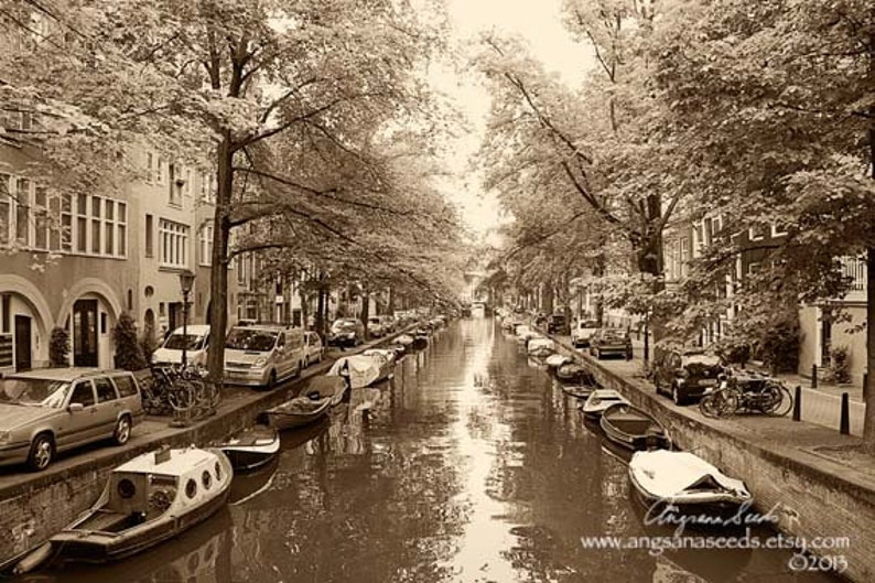 Amsterdam Canal photograph Amsterdam wall art Amsterdam travel photo houseboats Netherlands Architecture Wall decor gift under 50 image 1