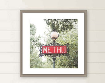 Paris Art Nouveau Metro picture, Metropolitan, square wall art, green, red, light post, foliage, oversized large wall art, wall deco, gift