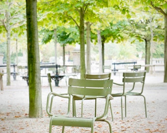 Paris travel photography Luxembourg Garden Jardin du Luxembourg Mint green chair autumn leaves Fall in Paris outdoor Meditative art under 50