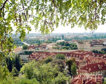 Prague travel photo Prague Castle Red Architecture Buildings Vantage green foliage 8x12 image gift under 50 for her