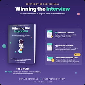 May include: A digital product guide titled Winning the Interview, featuring an astronaut graphic on a purple background. It includes a 60-page e-guide, a worksheet with 35 interview answers, an application tracker, and a bonus email feedback offer.