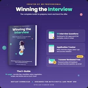 May include: A digital e-guide titled Winning the Interview, featuring an astronaut graphic on a dark purple background. It includes a 36 interview questions worksheet, an application tracker, and a bonus offer for one free email answer review.