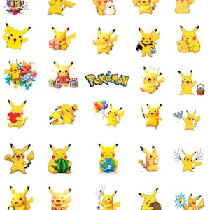 May include: A collection of thirty-one individual stickers featuring the yellow character Pikachu in various poses and activities, including holding gifts, food, and balloons, alongside the blue and yellow Pokémon logo text centered in the middle.