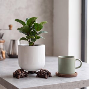 May include: A white cylindrical plant pot supported by three bronze-colored turtle figurines. Inside the pot is a green leafy plant. Beside the pot sits a sage green ceramic mug resting on a circular wooden coaster, creating a balanced arrangement.