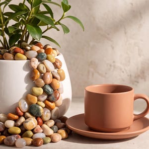 May include: A white ceramic planter filled with a green leafy plant and overflowing with smooth, multicolored river stones in shades of tan, brown, gray, and orange, placed next to a matte terracotta-colored ceramic coffee cup and saucer.