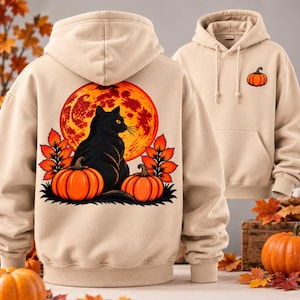 Black Cat Hoodie, Pumpkin Moon Halloween Sweatshirt, Cozy Fall Cat Lover Gift