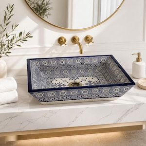 Handmade Rectangular Moroccan Ceramic Vessel Sink Blue Bathroom Vanity Basin Artisan Washbasin Luxury