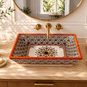 Handmade Orange Moroccan Rectangle Vessel Sink Ceramic Bathroom Vanity Basin Artisan Washbasin Luxury