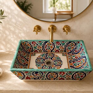 Lavabo de cerámica marroquí hecho a mano, colorido lavabo rectangular para baño.