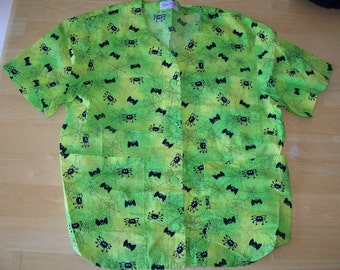 Nursing or Medical Halloween Neon Green with Black Bats and Spiders Short Sleeved Lab Coat