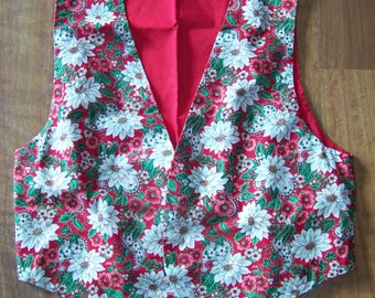 Red Homemade Christmas Poinsettia Flower Print Vest With Tie on Back Side