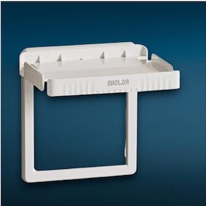 May include: A white plastic wall-mounted storage shelf featuring a rectangular top platform with a raised edge and a square open frame below. The front of the shelf displays the text RGJSNB in a clear, sans-serif font, with a ribbed texture.