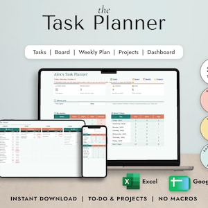 Peut inclure: Un planificateur de tâches numérique affiché sur un ordinateur portable, une tablette et un smartphone. L'interface présente des sections intitulées Tasks, Board, Weekly Plan, Projects et Dashboard. Inclut des icônes Excel et Google Sheets.