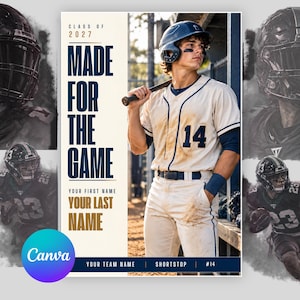 Op de afbeelding: Een honkbalspeler draagt een crèmekleurig shirt met het nummer 14 en een marineblauwe helm, en houdt een knuppel vast. De poster bevat de tekst "CLASS OF 2027", "MADE FOR THE GAME", "YOUR FIRST NAME", "YOUR LAST NAME", "YOUR TEAM NAME", "SHORTSTOP" en "#14".