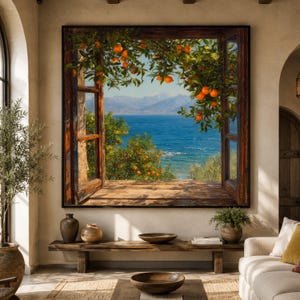 Rustikales Leinwandbild mit Blick aus dem offenen Fenster, Wandbild mit Orangenbaumzweigen, Leinwandbild mit Küstenlandschaft, mediterrane Wohndekoration, Natur-Leinwanddruck