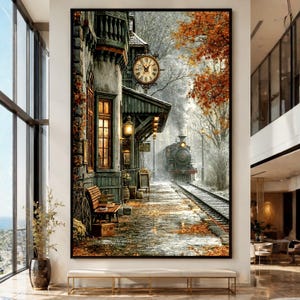 Può includere: Una stampa artistica verticale che raffigura una locomotiva a vapore d'epoca in arrivo in una stazione ferroviaria durante l'autunno. La scena presenta una panchina in legno, un grande orologio rotondo e alberi con fogliame arancione.