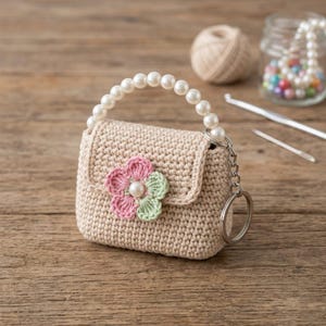 Puede incluir: Un llavero de mini bolso tejido en crochet de color beige con un asa hecha de perlas blancas. La solapa frontal está decorada con una pequeña aplicación de flor en rosa y verde claro, centrada con una cuenta de perla blanca.