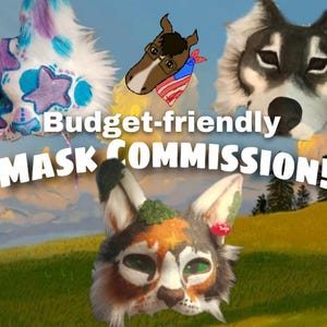Op de afbeelding: Drie dierenmaskers van imitatiebont met beschilderde details, waaronder een blauw en paars masker met sterpatroon, een zwart-wit wolvenmasker en een bruin-wit kattenmasker met een paddenstoelaccent, met de tekst Budget-friendly MASK COMMISSION!