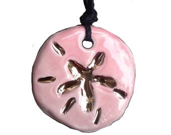 Sand Dollar Necklace Genuine Gold Lustre & Pink Ceramic Pendant