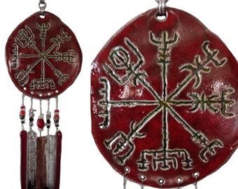 Vegvisir Pottery & Glass Wind Chime Red Raku Ceramic Viking Icelandic Runic Compass Galdrastafur Garden Decor Patio Ornament