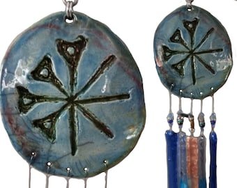 Anu Wind Chime Glass Raku Ceramic Sumerian Mobile Blue Pottery Garden Decor Cuneiform Ancient Art Zoroastrianism