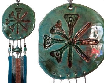 Anu Wind Chime Glass Raku Ceramic Sumerian Mobile Turquoise Pottery Garden Decor Cuneiform Ancient Writing Zoroastrianism