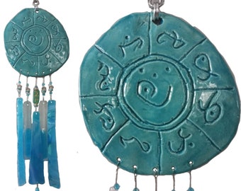 Lemurian Atlantis Clay Wind Chime MU Glass Pottery Chimes Turquoise Mobile Sun Catcher