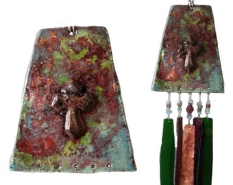 Celtic Cross  Ceramic & Glass Wind Chime Raku Pottery Garden Patio Window Decor .2