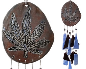 Marijuana Clay & Glass Wind Chime Blue Bronze Ceramic Pottery Cannabis Leaf Mobile Garden Ornament Patio Art