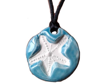 Starfish Necklace Caribbean Blue Aromatherapy Clay Pendant Essential Oil Diffuser Disc Ceramic Boho Beach Surfer Necklace