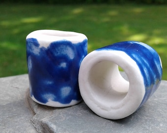 Set 2 Macrame Beads Cobalt Blue Porcelain Large Hole Dread Dreadlock Clay Pottery Beads Fibre Project Supplies