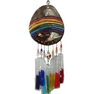 May include: A handcrafted wind chime featuring a metallic, oval-shaped top with a rainbow design. Below, clear glass rectangles are accented with colorful glass pieces. The chime is adorned with beads and a decorative bottom piece.