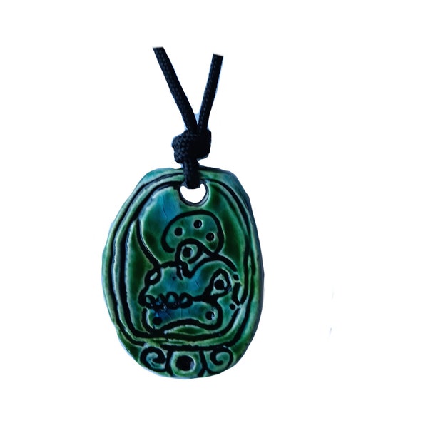 Mayan KIMI Necklace Mesoamerican Skull Glyph Pendant Green Ceramic Tzolk'in Day Sign Amulet .2