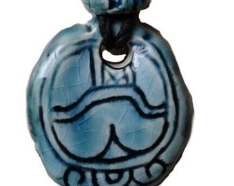 Mayan KIB Necklace Ceramic Candle Glyph Turquoise Teal Mesoamerican Tzolk'in Day Sign Amulet Clay Aztec Calender Olmec Symbol