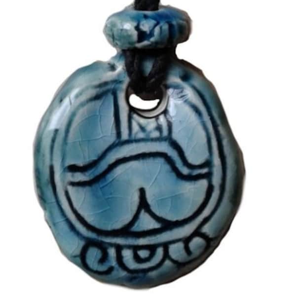 Mayan KIB Necklace Ceramic Candle Glyph Turquoise Teal Mesoamerican Tzolk'in Day Sign Amulet Clay Aztec Calender Olmec Symbol